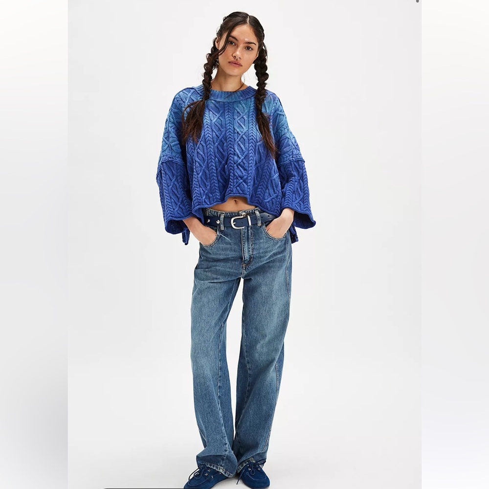 NWT Free People Washed Ashore Cable Stitch Cotton Sweater Bellweather Blue Sz Sm